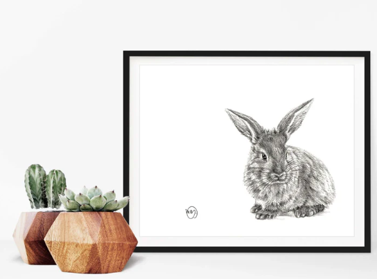 Illustration au fusain Le Nid - Adorable lapin 8x10